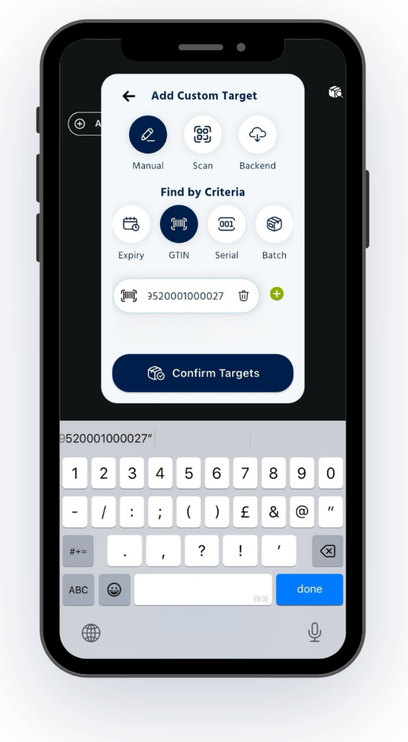 NexRx Add Custom Target screen with a GTIN entered as the search criterion