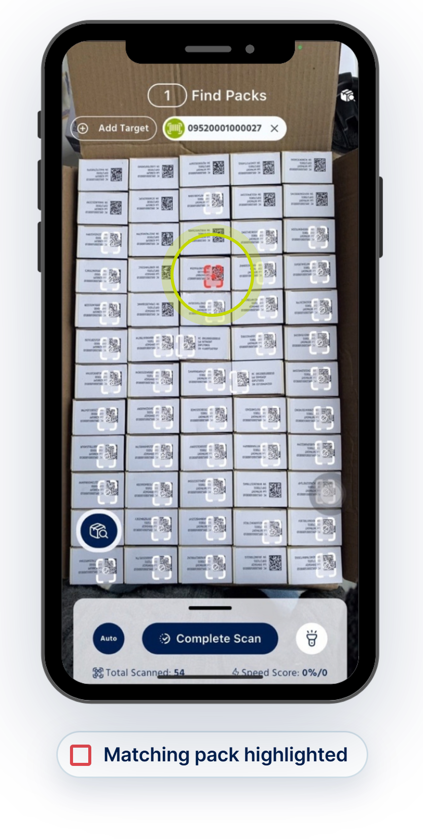 NexRx camera view over an open case of packs, with the matching pack highlighted