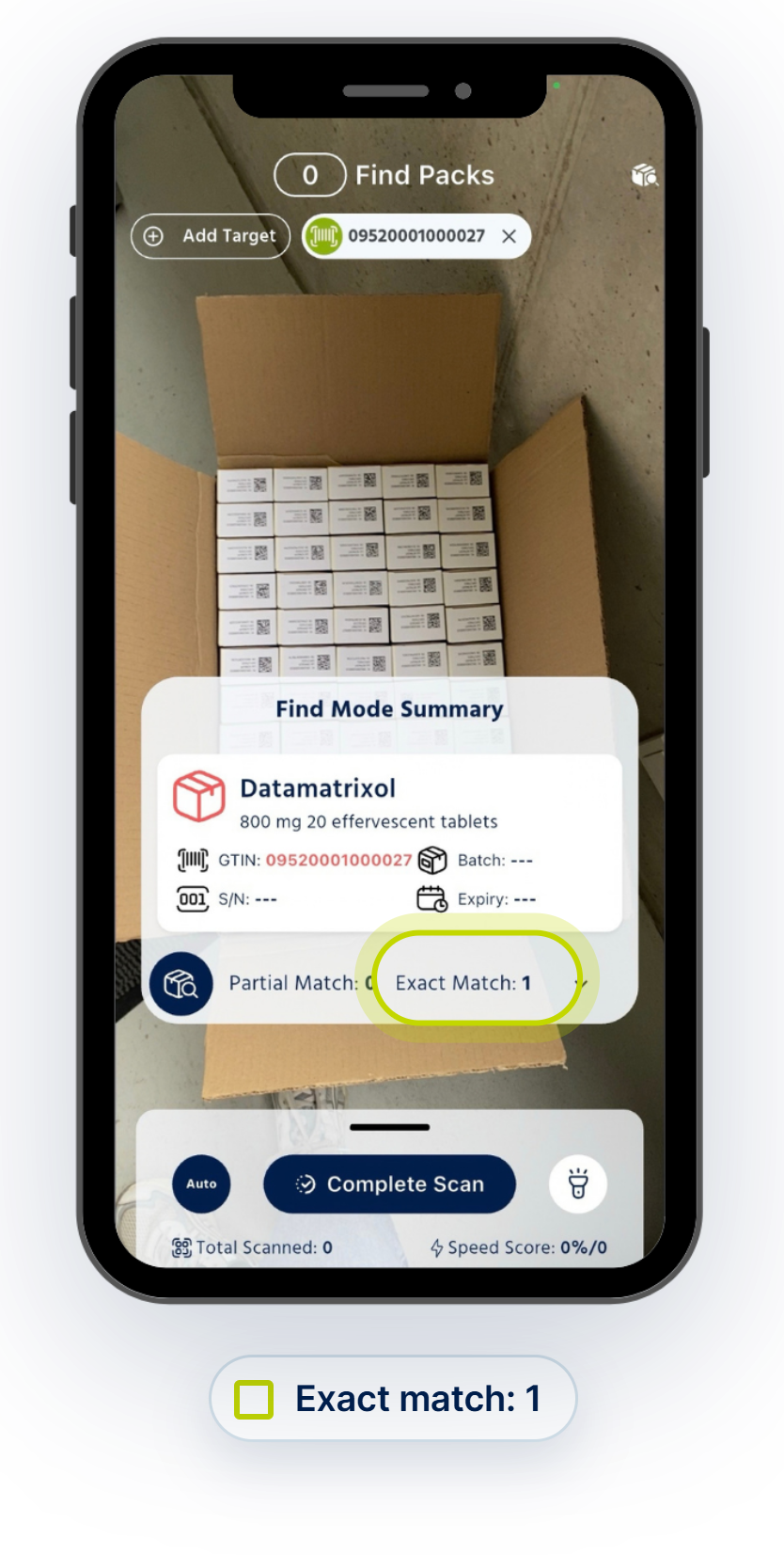 NexRx Find Mode Summary showing one exact match for the searched GTIN